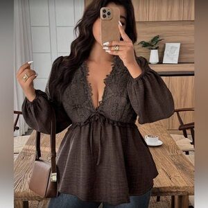 Elegant Brown Lace Peplum Blouse